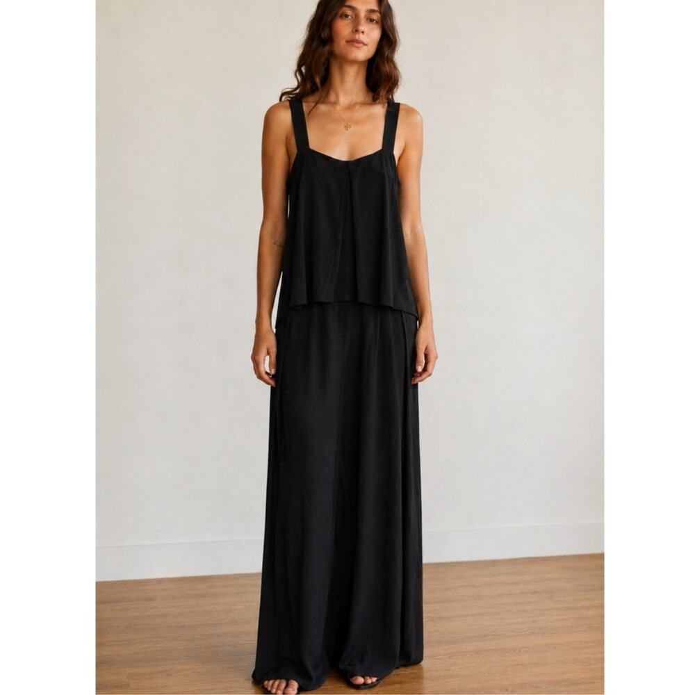Theory Black 100% Silk Wide Leg Jumpsuit Minimalist Formal Drapey size 2